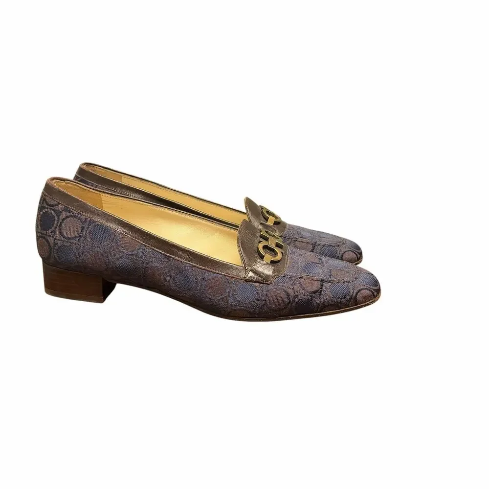 Vintage Salvatore Ferragamo Brown Navy Gancini Block Heel Loafer Womens Size 7.5